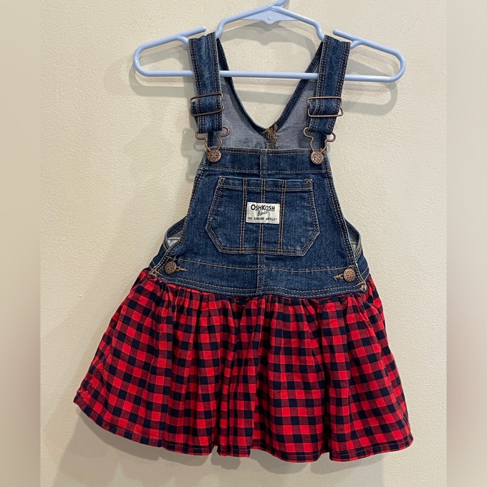 Osh Kosh Denim Jumper Dress with Red  /  Navy check  18 mos